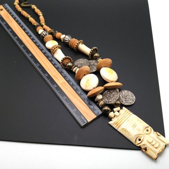 Artisan Tribal Pendant Beaded Necklace, Hand Carved Pendant, 26 Inches - Picture 6 of 9
